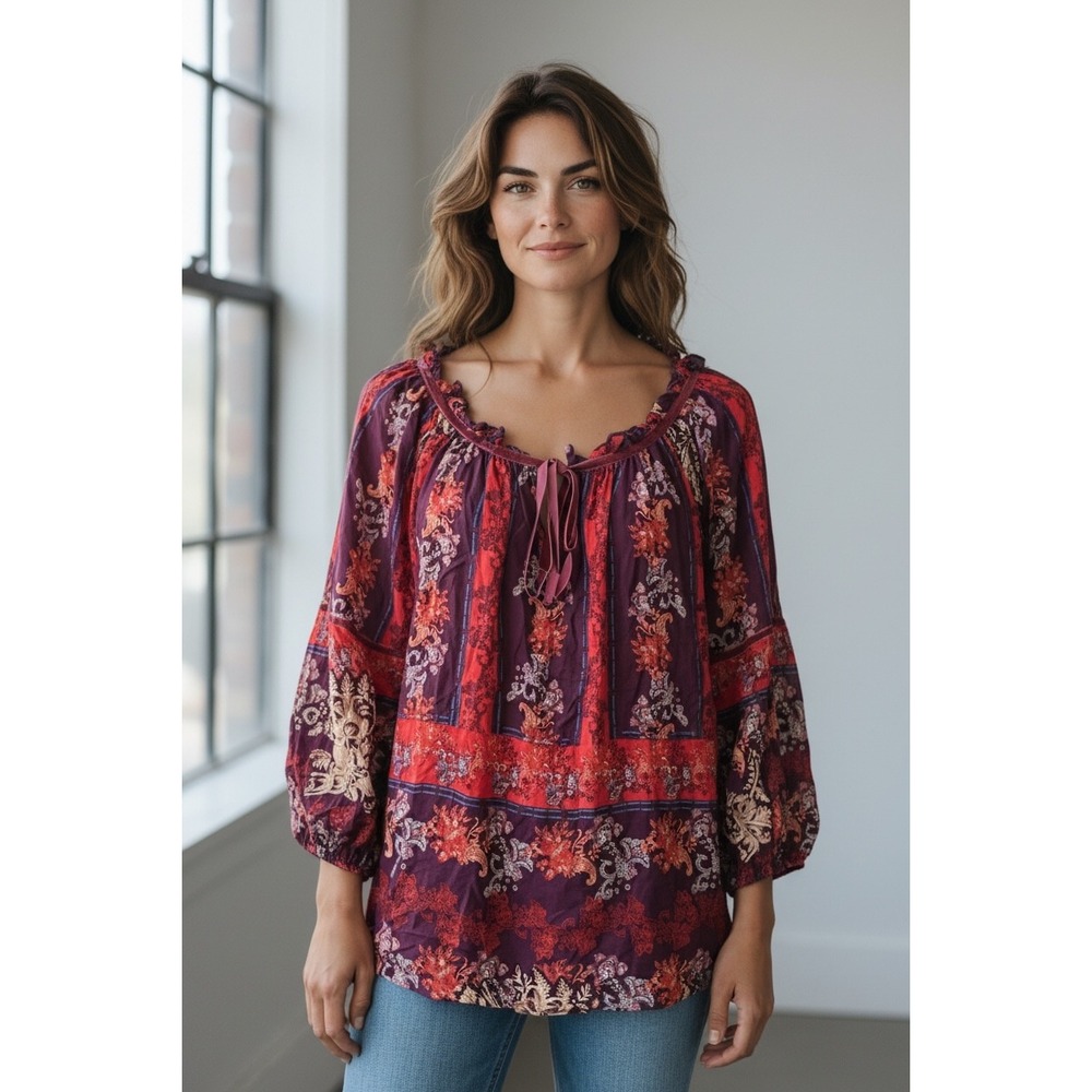 Grand & Greene Women Boho Floral Peasant Blouse Burgundy Red Rayon Top Sz XL